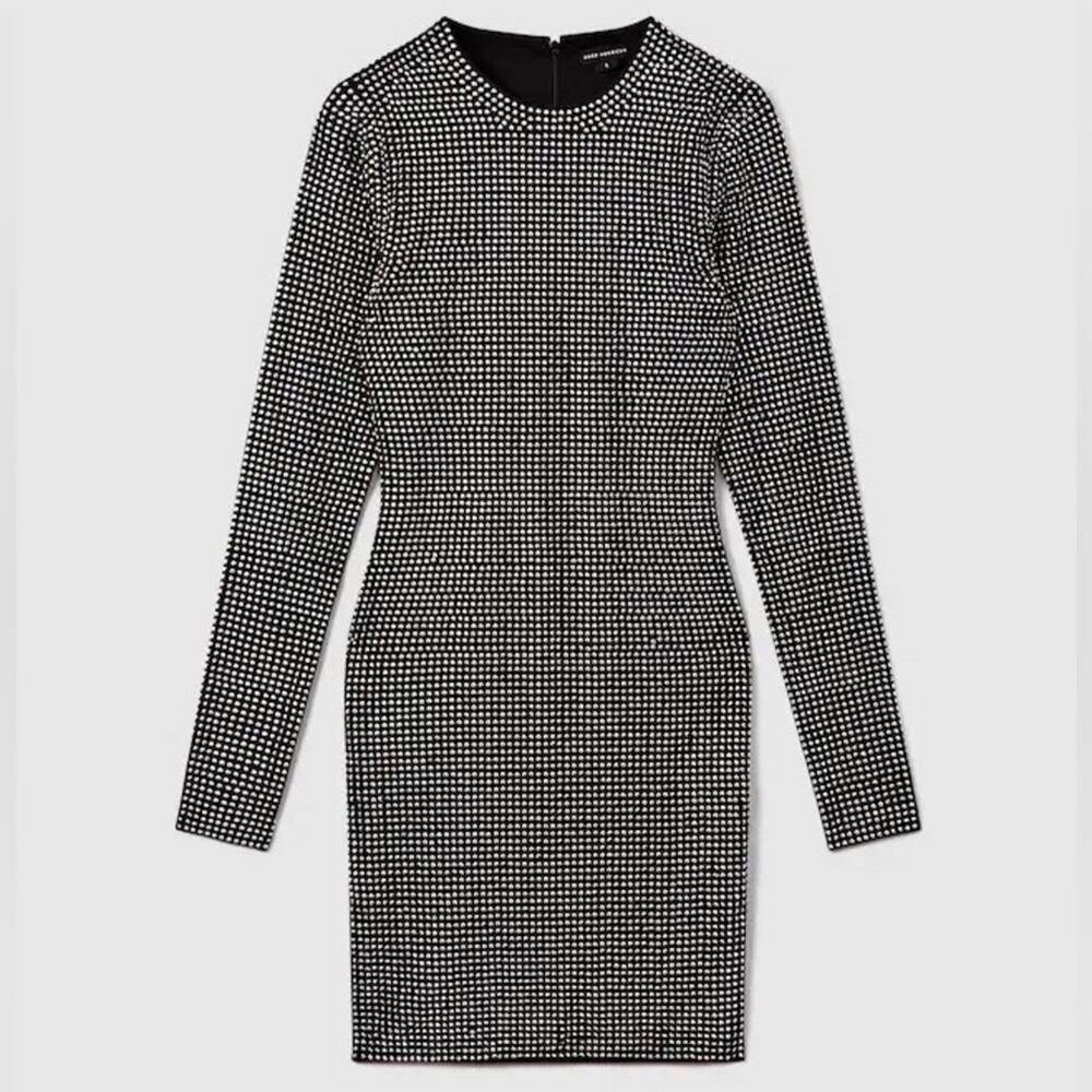 GOOD AMERICAN  Embellished Mini Dress in Black Bodycon Long Sleeve Crew Neck Med - Picture 2 of 14